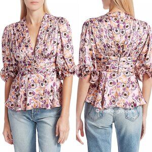 NWOT Alexis Prema Pink/Purple Floral Satin Blouse, Size Small
